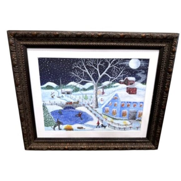 EUC Framed Winter Wonderland Ice Skating Scene Print w/Rustic Brown Ornate Frame - Picture 3 of 9